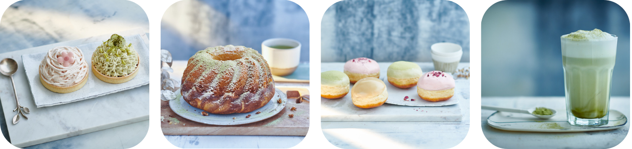 Sakura und Matcha Tarteletts, Matcha-Rodon, Matcha und Sakura Berliner, Matcha-Latte Sakura und Matcha Tarteletts, Matcha-Rodon, Matcha und Sakura Berliner, Matcha-Latte